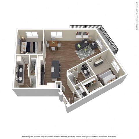A 3D rendered image of a house layout.